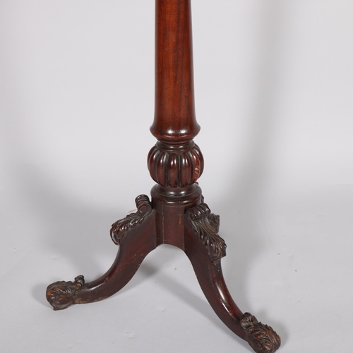 294 - A 19th century rosewood table on carved tripod base, 42cm x 27cm, height 77cm