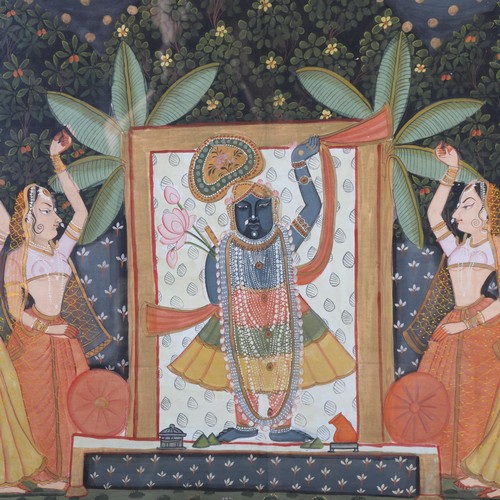 182 - A large scale Indian painting on fabric, depicting figures in a temple garden, modern frame and glaz... 