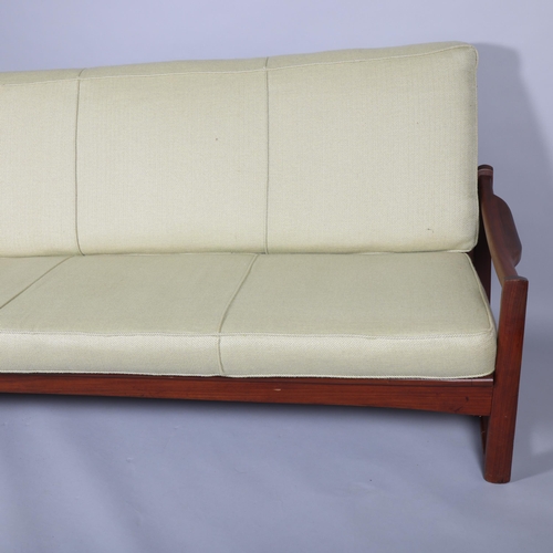 408 - A mid 20th century teak framed 3 seat sofa, re-upholstered in light green herringbone wool fabric, n... 