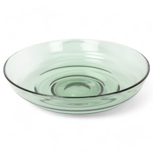 414 - A mid 20th century large green ribbed glass bowl and polished pontil base in the style of Whitefriar... 