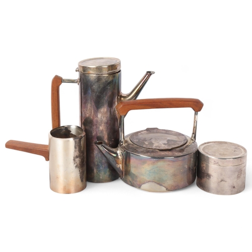 415 - A mid 20th century 4 piece tea set, silver plated with teak handles, comprising teapot, hot water ju... 