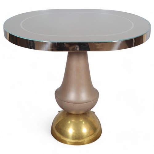 418 - A contemporary high end Art Deco design chrome banded table with decanter shaped pedestal stem on br... 