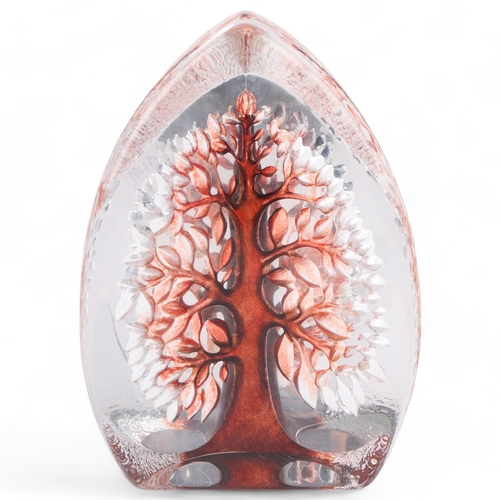 420 - MATS JONASSON for Maleras Glasbruk, Sweden, a red tree of life in clear glass pyramid, signed MJ, Sw... 