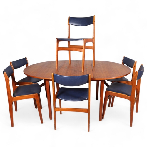 429 - Orte Mobelfabrik, Denmark, a mid 20th century teak dining table and 6 chairs, table has pop-up leaf,... 