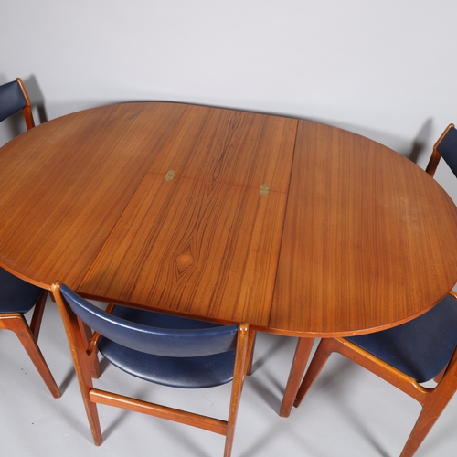 429 - Orte Mobelfabrik, Denmark, a mid 20th century teak dining table and 6 chairs, table has pop-up leaf,... 