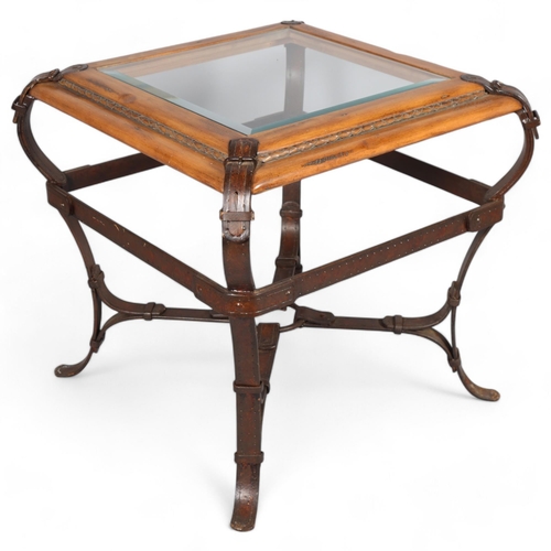 439 - A trompe l’oeil wrought-iron coffee table in the manner of JACQUES ADNET for Hermes in wood and leat... 