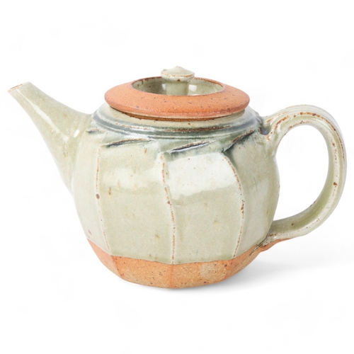 472 - RICHARD BATTERHAM (1936-2021), a cut sided stoneware teapot with ash glaze, height 15cm