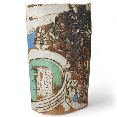 488 - LAUREL KEELEY, a large stoneware slab built floor standing vessel, with sgraffito decoration, signed... 