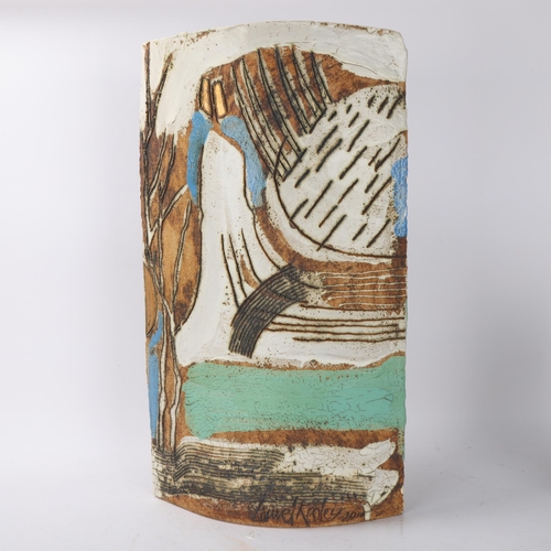 488 - LAUREL KEELEY, a large stoneware slab built floor standing vessel, with sgraffito decoration, signed... 