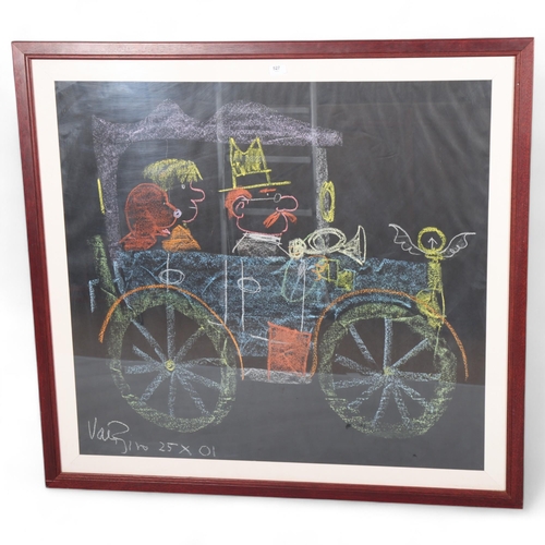 527 - VAL BIRO, a large black and white chalk drawing of the car, Gumdrop, as featured in Biro’s childrens... 