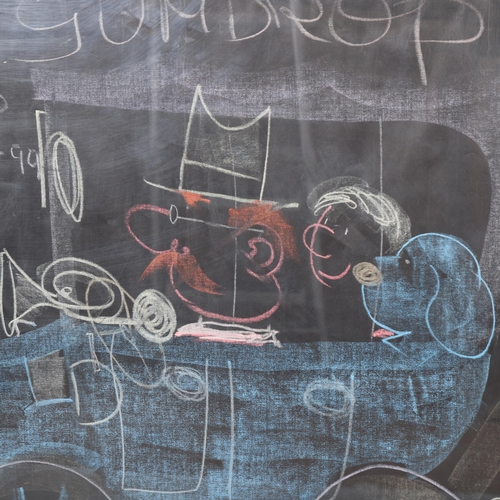 528 - VAL BIRO, a large black and white chalk drawing of the car, Gumdrop, as featured in Biro’s childrens... 