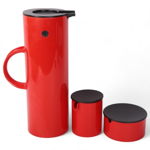 530 - ERIC MAGNUSSEN for Stelton, Denmark,- a 3-piece red plastic coffee set, vacuum jug, EM77, creamer an... 