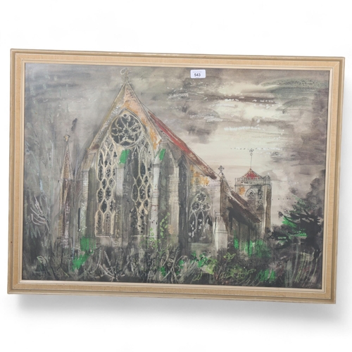 543 - After John Piper, a vintage print of Dorchester Abbey, image 56 x 78cm, framed and glazed