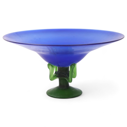 547 - A large studio glass tazza or fruit bowl, with frosted blue glass bowl and green sculpted base, no m... 