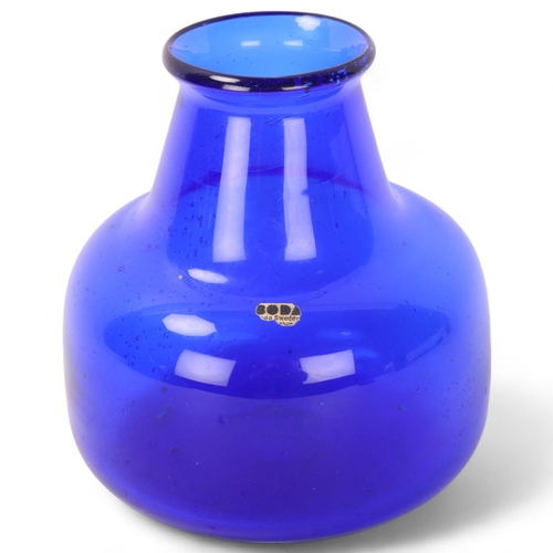 564 - ERIK HOGLUND for Boda, Sweden, a blue glass mallet vase, circa 1960s', with part of original label, ... 