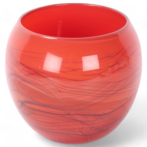 565 - ANTHONY STERN (1944-2022), A red studio glass bowl with layers decor, signed to base, height, 12.5cm