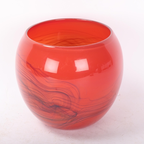 565 - ANTHONY STERN (1944-2022), A red studio glass bowl with layers decor, signed to base, height, 12.5cm