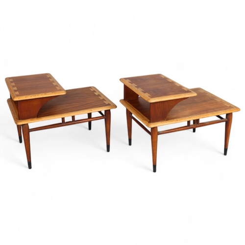 577 - Lane, Alta Vista, USA, a pair of Acclaim mid-century 2 tier side tables in oak and walnut with decor... 