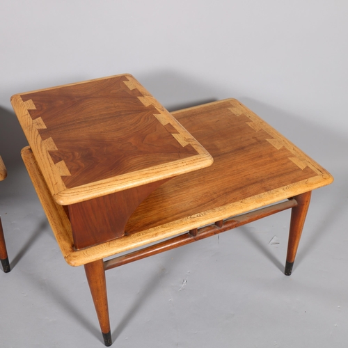 577 - Lane, Alta Vista, USA, a pair of Acclaim mid-century 2 tier side tables in oak and walnut with decor... 