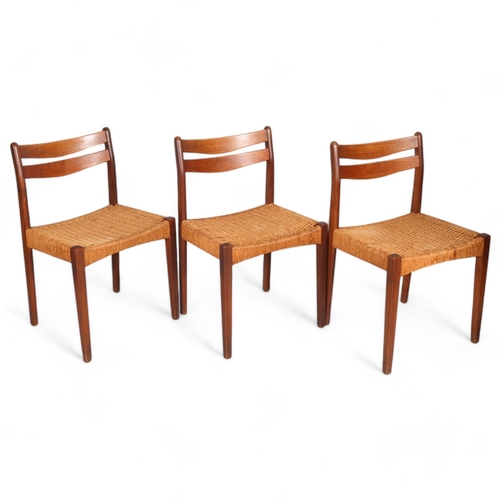 580 - 3 Danish teak dining chairs in the style of ARNE HOUMAN OLSEN, with paper cord seats, Danish made la... 