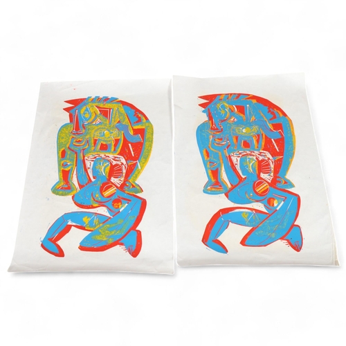 581 - A pair of 20th century multi coloured figural lithographs in the Native American manner