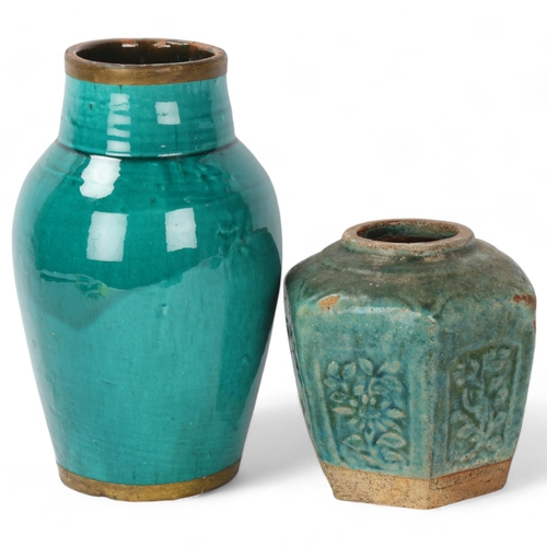 299 - 2 Chinese turquoise glaze pottery jars, largest height 23cm