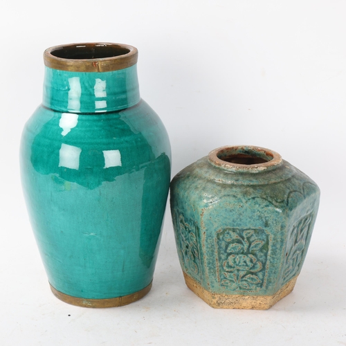 299 - 2 Chinese turquoise glaze pottery jars, largest height 23cm