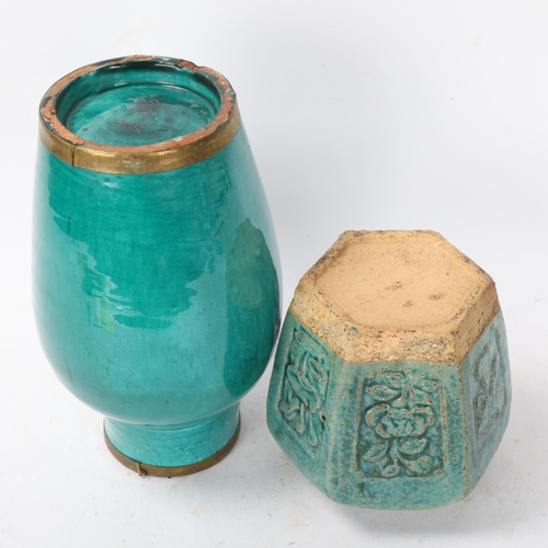 299 - 2 Chinese turquoise glaze pottery jars, largest height 23cm