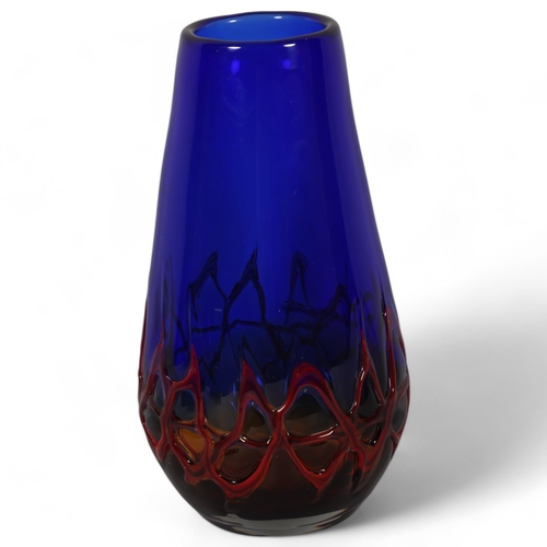 594 - A large mid 20th century studio glass vase, graduated amber/blue body with fused red glass to exteri... 