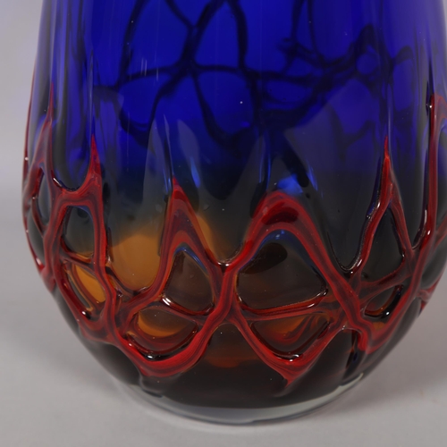 594 - A large mid 20th century studio glass vase, graduated amber/blue body with fused red glass to exteri... 