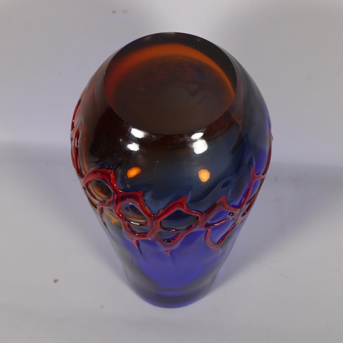 594 - A large mid 20th century studio glass vase, graduated amber/blue body with fused red glass to exteri... 