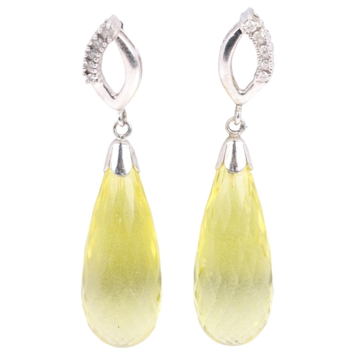 1170 - A pair of 9ct white gold lemon quartz and diamond drop earrings, set with briolette-cut quartz and m... 