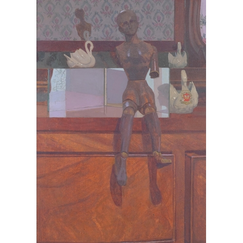 708 - Karen Ray (born 1958), still life lay figure, oil on board, 49cm x 33cm, framed