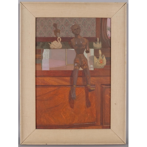 708 - Karen Ray (born 1958), still life lay figure, oil on board, 49cm x 33cm, framed