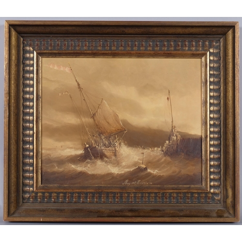 709 - Frans Verhey, boat on rough seas, monochrome oil on panel, 22cm x 29cm, framed