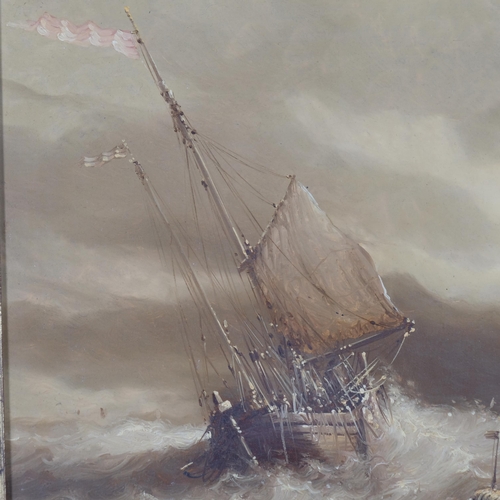 709 - Frans Verhey, boat on rough seas, monochrome oil on panel, 22cm x 29cm, framed