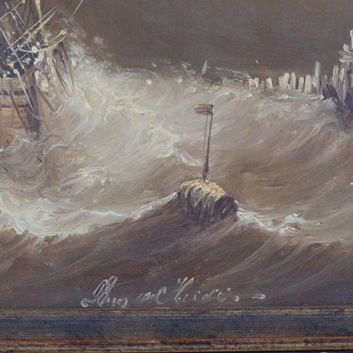 709 - Frans Verhey, boat on rough seas, monochrome oil on panel, 22cm x 29cm, framed