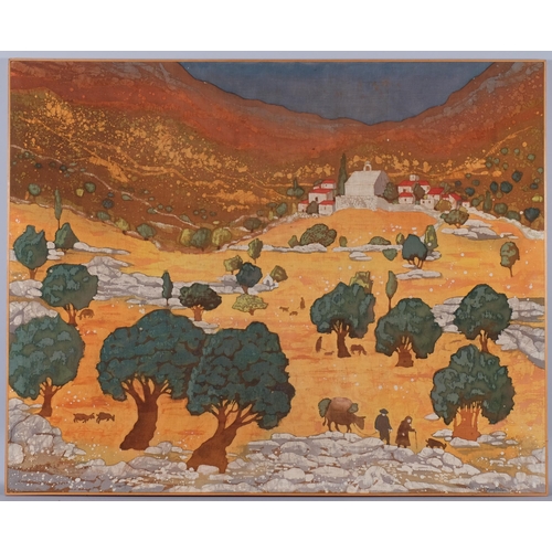 718 - Mary Potter, Greek landscape, 1979, painting on fabric, signed and inscribed verso, 98cm x 122cm, fr... 