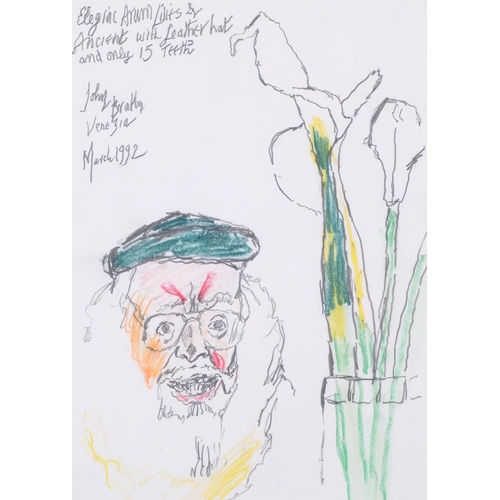 719 - John Bratby (1928 - 1992), self portrait with Arum lilies, Venezia March 1992, crayon/pencil on pape... 