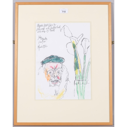 719 - John Bratby (1928 - 1992), self portrait with Arum lilies, Venezia March 1992, crayon/pencil on pape... 