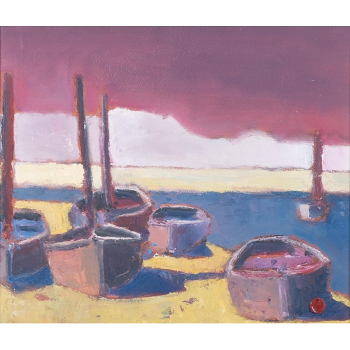 725 - H E Kuckein (1930 - 2015), beached boats, oil on canvas, 30cm x 35cm, framed