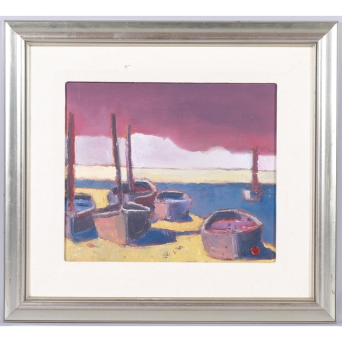 725 - H E Kuckein (1930 - 2015), beached boats, oil on canvas, 30cm x 35cm, framed