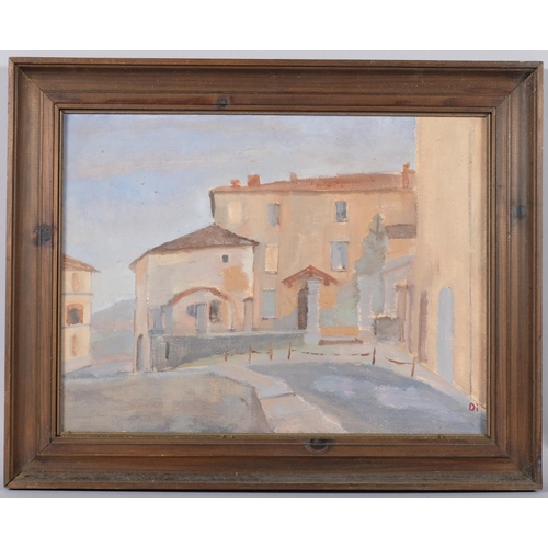 726 - Diana Boyd, Siena, oil on board, 29cm x 39cm, framed, with Exhibition brochure verso