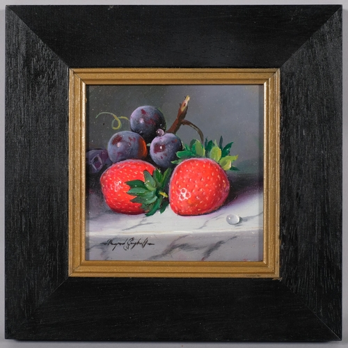 727 - Raymond Campbell (born 1956), strawberries, oil on board, 11cm x 11cm, framed