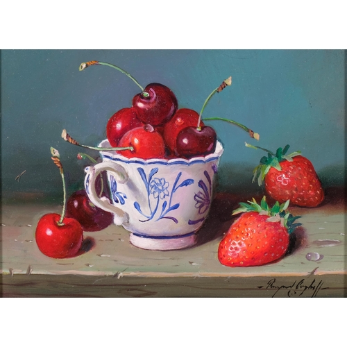 728 - Raymond Campbell (born 1956), china cup with cherries and strawberries, oil on board, 14cm x 19cm