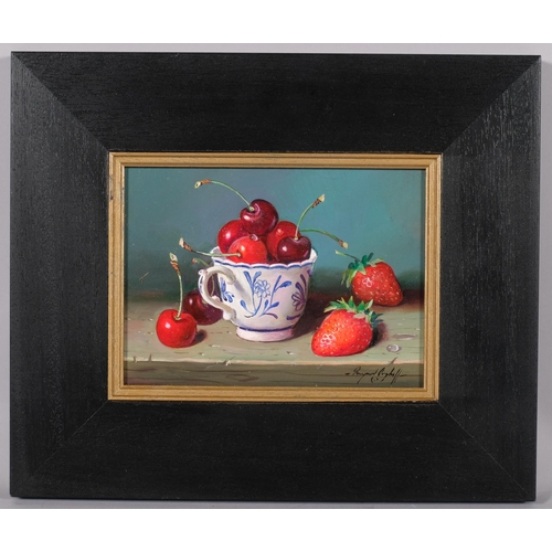 728 - Raymond Campbell (born 1956), china cup with cherries and strawberries, oil on board, 14cm x 19cm