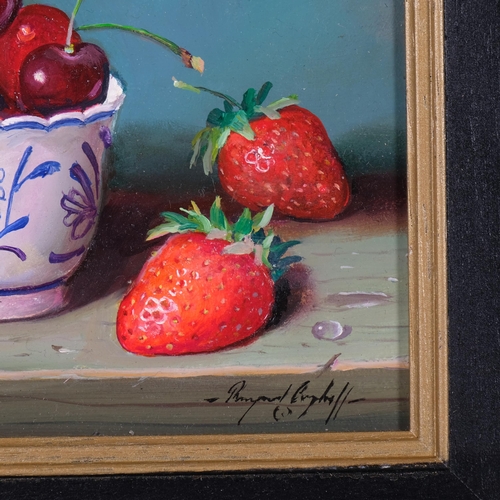 728 - Raymond Campbell (born 1956), china cup with cherries and strawberries, oil on board, 14cm x 19cm