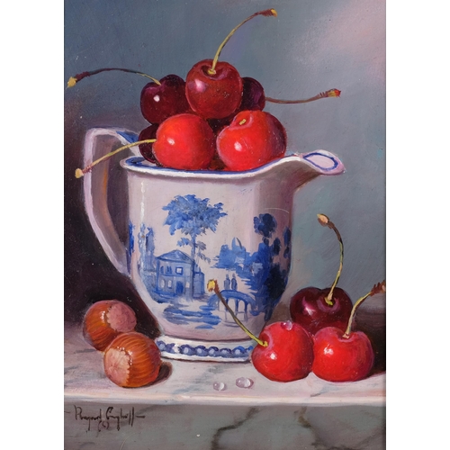 729 - Raymond Campbell (born 1956), china jug with cherries, oil on board, 19cm x 14cm