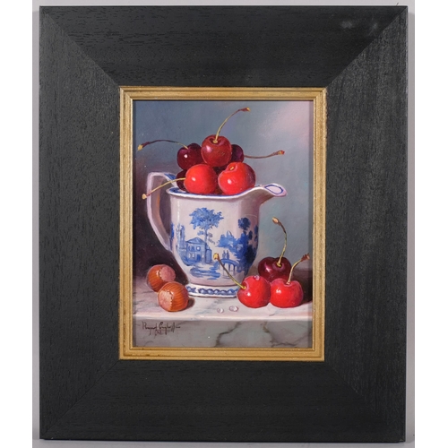 729 - Raymond Campbell (born 1956), china jug with cherries, oil on board, 19cm x 14cm