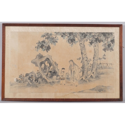 731 - Chinese watercolour scroll painting, 2 figures in landscape, mounted on silk ground and framed, over... 